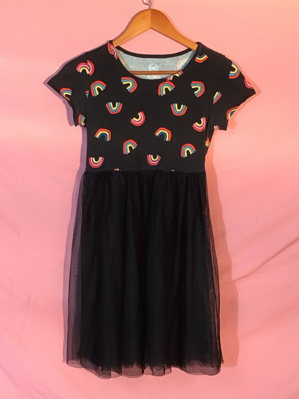 Black Dress with Multicolor Rainbow Print and tulle overlay on skirt